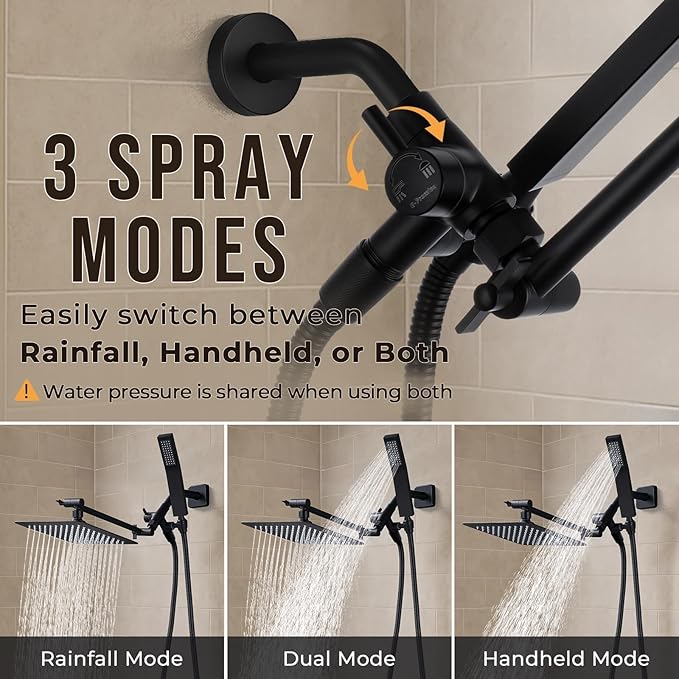 G-Promise All Metal 10" Dual Square Shower Head Combo | Rain Shower Head | Handheld Shower Wand | Adjustable | 3-Way Diverter | 71" Extra Long Hose - A Bathroom Upgrade (Matte Black)