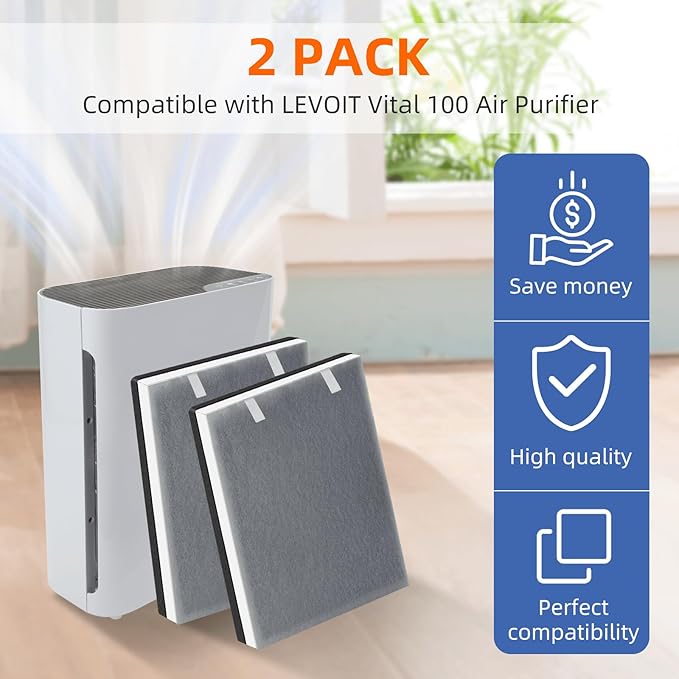 Vital 100 True HEPA Replacement Filter for LEVOIT Vital 100 Air Purifier,3-in-1 H13 HEPA High-Efficiency Activated Carbon Filter,Vital 100-RF,4 Pack,White
