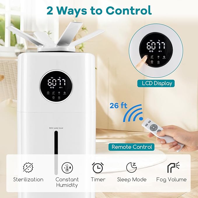 ARLIME Humidifier Large Room 2200 Sq.Ft, 5.5Gal Top Fill Commercial Humidifier w/3 Mist Levels, Extension Tube, 360° Nozzles & Remote Control, Whole House Humidifier w/Wheels for Bedroom, Plants, Gree