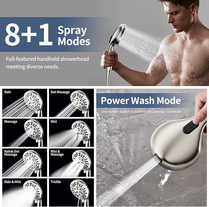 KAIYING Dual Shower Heads with Handheld Spray Combo, High Pressure Modern Rain Shower Head with 9-Mode Handheld Showerhead, Double Rainfall Shower Head with 79-Inch Hose (Brushed Nickel)