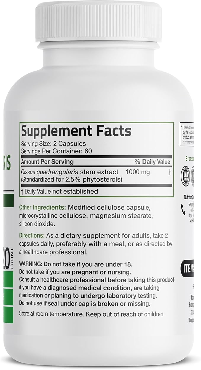 Bronson Cissus Quadrangularis Extract 1000 mg Capsules - Strong Bones & Healthy Joints - Non-GMO, 120 Vegetarian Capsules