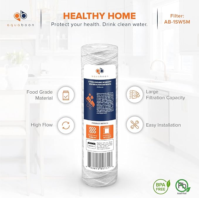 Aquaboon Whole House 5 Micron 10 x 2.5 String Wound Sediment Water Filter Cartridge Replacement Compatible with Well Water Filter WHKF-WHSW, 6-Pack