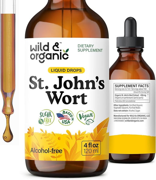 Wild & Organic St Johns Wort Tincture - Mood Support - Calming St John's Wort Supplement - Hypericum Perforatum Herbal Liquid Drops - Vegan, Sugar & Alcohol Free - 4 fl oz