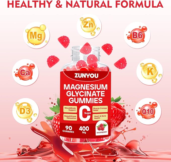 Magnesium Glycinate Gummies 400mg, Sugar Free Calm Magnesium Gummies for Women with Calcium, Vitamin D, B6, Zinc for Sleep, Mood and Muscle Support, 90 Count