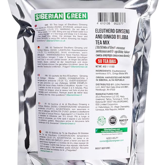 Siberian Green Ginkgo Tea Bags with Ginseng Root Mix – 50Pcs Natural Pure Eleuthero Tea from Siberia – Non-GMO, No Fillers Infusion Bags – Equal Plant Ratio – Convenient and Easy to Brew