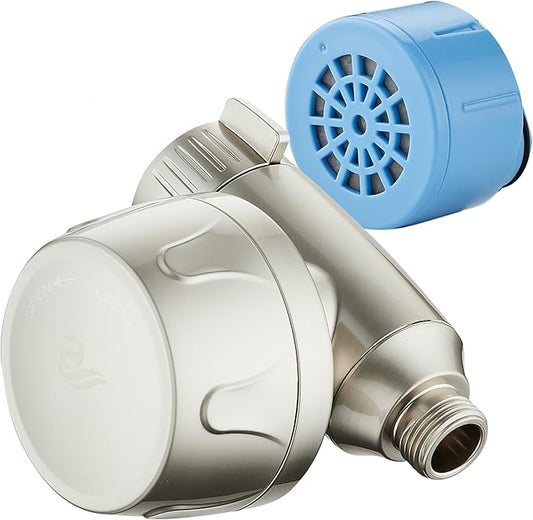 AquaCare Skin & Hair - World's Most Advanced Shower Filter for Fixed or Handheld Shower Heads with ON/OFF Filtration Modes, Instant Cartridge Reload & Stay-Clean Enriched KDF Cartridge/Satin Nickel