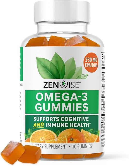 Zenwise Health Omega 3 Gummy Supplement - Burpless Omega 3 Supplement with DHA & EPA Fatty Acids for Immune Health - Sustainably Sourced Fish Oil, Flaxseed Oil & Vitamin E - 30 Gummies