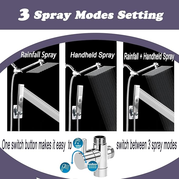 12 Inch High Pressure Square Rain Shower Head and 2-in-1 Hand Shower, Equipped with 78"Hose and 13" Shower Arm, 3 Way Diverter Valve, Shower Head Holder (AWAXFOLO Square Shower Head Set Chrome)