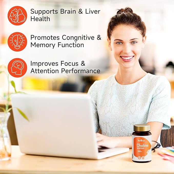 Choline Bitartrate 550mg, Supports Liver & Brain Health, High Absorption Choline Supplements, Non-GMO, Gluten-Free, Made in USA, 60 Vegan Capsules