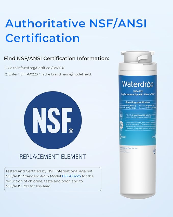 Waterdrop MSWF Refrigerator Water Filter, Replacement for GE® MSWF, 101820A, 101821B, RWF1500A, NSF 42&372 Certified, Pack of 3