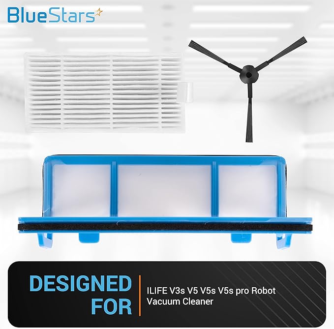 BlueStars Ultra-Durable Replacement Accessories Parts Kit For ILIFE V3 V3s V5s V5s pro Robot Vacuum Cleaner | 1 Primary Filter 3 HEPA Filters 6 Side Brushes