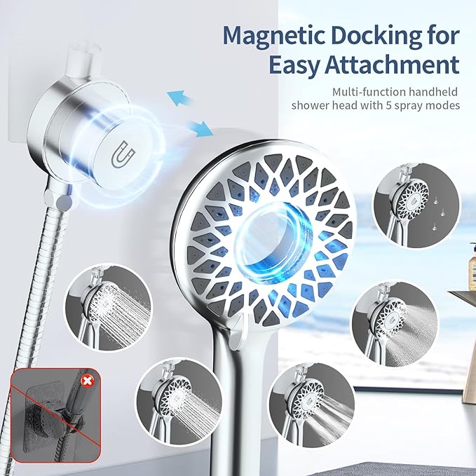 KAIYING Dual Shower Heads with Handheld Spray Combo, Magnetic Filtered Showerhead, Bathroom High Pressure Rainfall Shower Head and Handle Set with Filter for Hard Water, 79" Long Hose (Chrome)