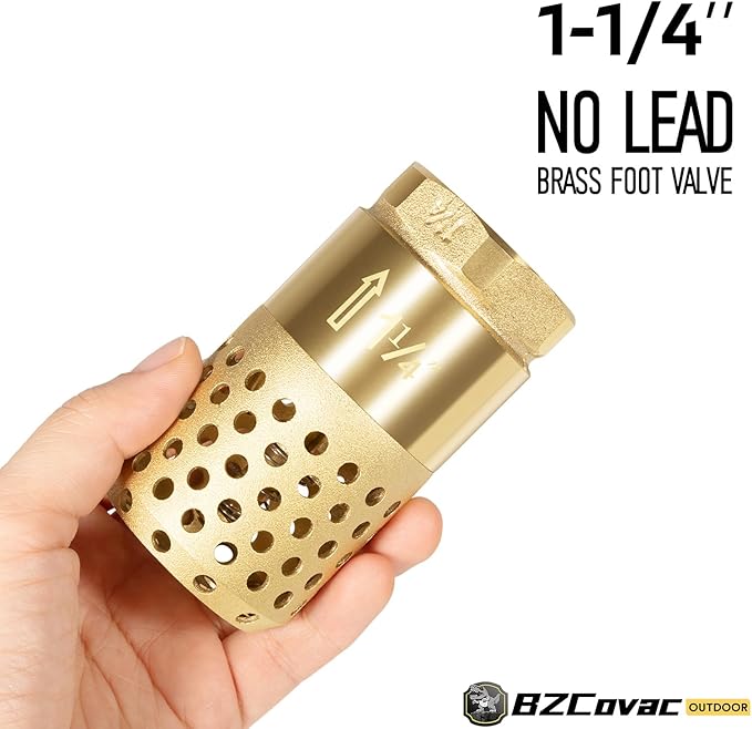 1-1/4 Inch Foot Valve with Mesh Strainer, Universal One-Way Female NPT Check Valve with Backflow Prevention, Lead-Free Brass Construction for Well Jet Pumps, Irrigation, and Water Systems