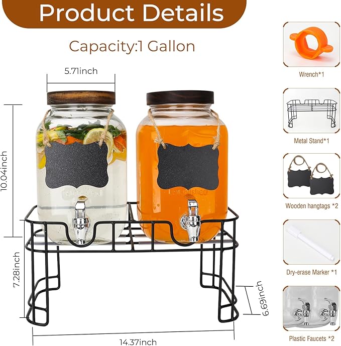 1 Gallon Glass Drink Dispensers with Wood Lid, 2 Pack Clear Beverage Dispenser with Stand and Spigot for Parties, Lemonade Dispenser with Markers and Chalkboard for BBQ, Picnic