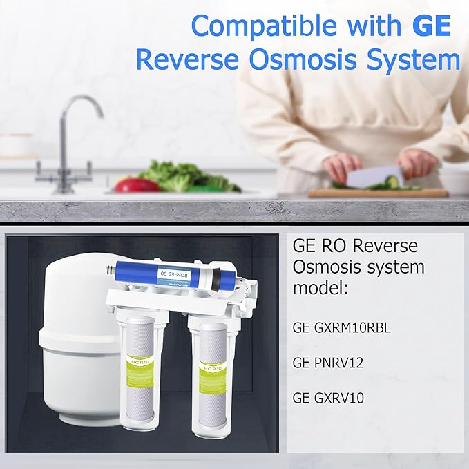 FX12P, FX12M, TFM-24 RO Water Filter Replacement Set, Fit for GE RO System (GXRM10RBL GXRM10G) - 2 x Activated Carbon Block Filters, 1 x 50 GPD Reverse Osmosis Membrane Filter