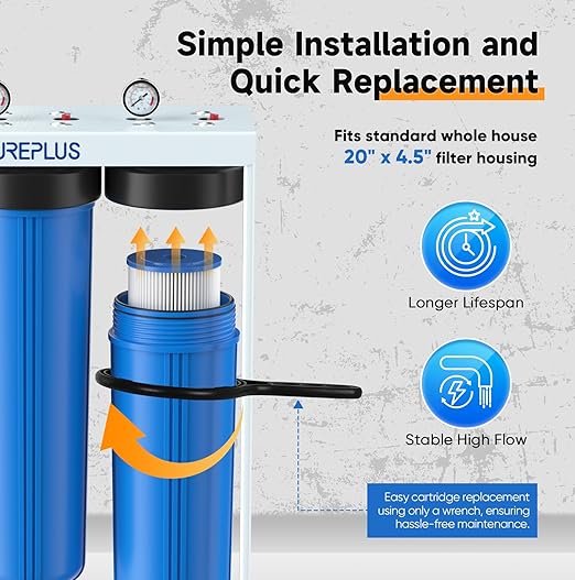 PUREPLUS 20-Inch 3-Stage Whole House Water Filter, Home Filtration System | Pleated Pre-Filter, Activated Carbon & Iron-Manganese Reducing | Built-in Pressure Gauges, with Steel Stand Frame