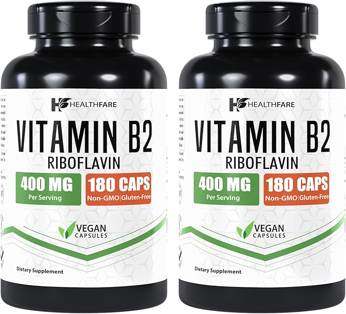 Vitamin B2 Riboflavin 400 mg | Pack of 2 | 180 Veg Capsules Each | Supplement | Gluten-Free | Non-GMO