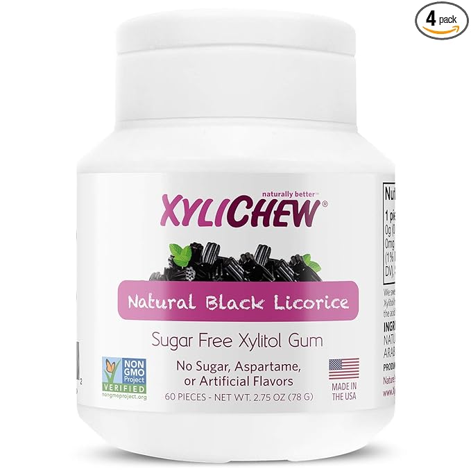 Xylichew 100% Xylitol Chewing Gum Jars - Non GMO, Gluten, Aspartame, and Sugar Free Gum - Natural Oral Care, Relieves Bad Breath and Dry Mouth - Licorice, 60 Count (Pack of 4)