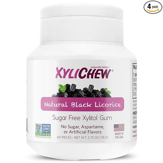Xylichew 100% Xylitol Chewing Gum Jars - Non GMO, Gluten, Aspartame, and Sugar Free Gum - Natural Oral Care, Relieves Bad Breath and Dry Mouth - Licorice, 60 Count (Pack of 4)