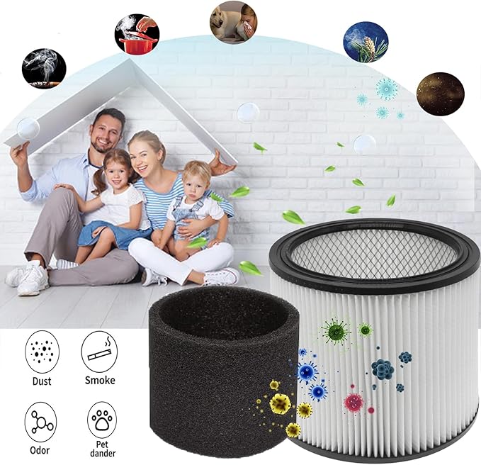 (2) 90304 HEPA Cartridge Replacement Filter with Lids + (4) 90585 Foam Sleeves, Compatible with Shop-Vac 90304, 90350, 90333, Shop Vac 903-04-00, 9030400, 90585, 5 Gallon up Wet/Dry Vacuum Cleaner