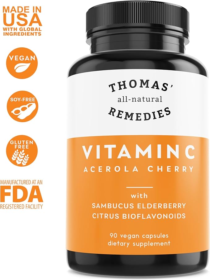 Thomas' all-natural Remedies Vitamin C with Organic Elderberry, Organic Citrus Bioflavonids - Whole Food Supplement - Non-GMO - Raw Vegan - 90 Capsules