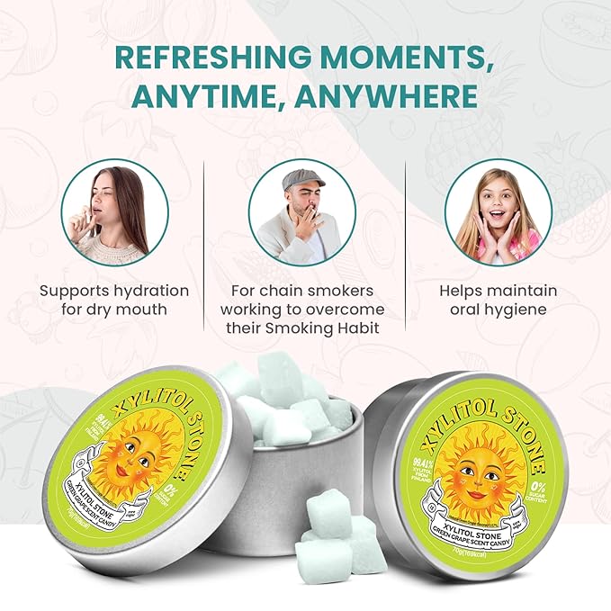 Xylitol Stone Sugar Free Candy - Vegan & Keto Friendly Unique Hard Candy Sugar-Free - 100% Natural Flavor Candies - Gluten Free & Non-GMO Breath Freshener Low Calorie Mints - Green Grape (Pack of 2)