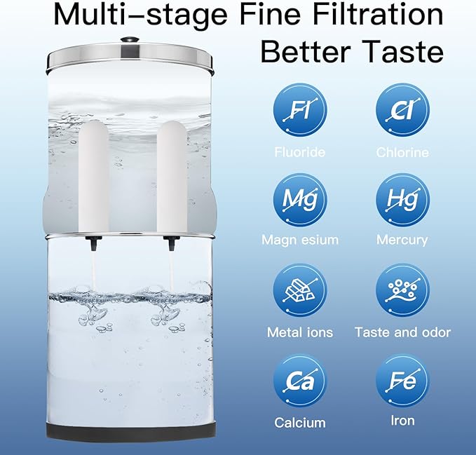 Gravity-Fed Water Filter System 2.25 Gallon with 2 Upgraded Ceramics Fluoride and Arsenic Reduction Elements, Metal Water Level Spigot, Countertop System, Reduces Fluoride and Chlorine