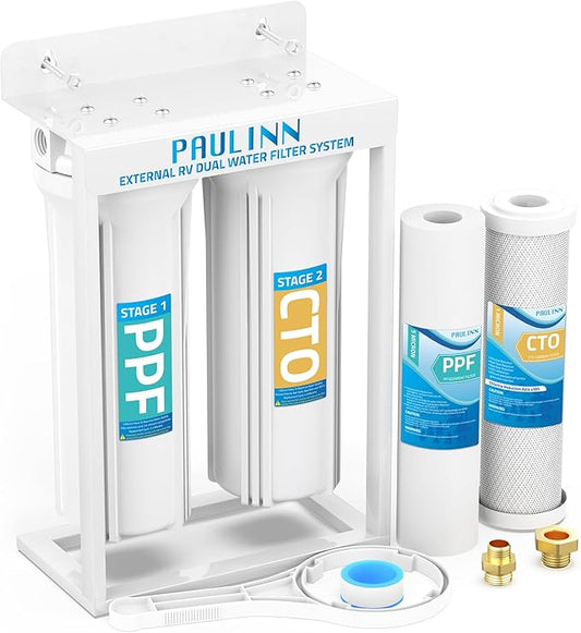 PAULINN External RV Dual Water Filters System, Lead-Free & BPA-Free Camper Water Filter with Brass Fittings & Mounting Bracket & Two Filters, Reduces Sediment, Chlorine, Bad Taste and Odors