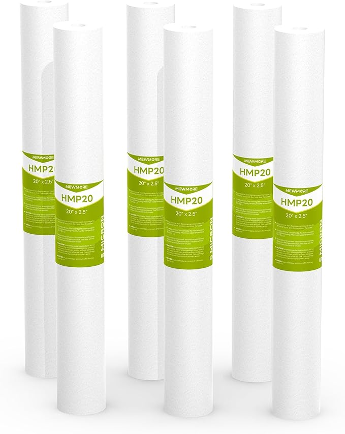 5 Micron Whole House Water Filter Cartridge, Sediment Filters for Well Water, Universal Replacement for Any 20 inch Silm Housings - 20" x 2.5" Cartridges - Pack of 6