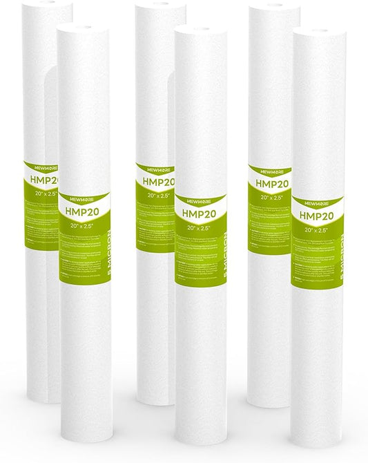 5 Micron Whole House Water Filter Cartridge, Sediment Filters for Well Water, Universal Replacement for Any 20 inch Silm Housings - 20" x 2.5" Cartridges - Pack of 6