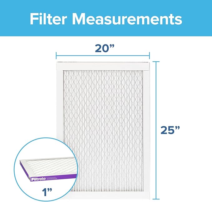 Filtrete 20x25x1 AC Furnace Air Filter, MERV 12, MPR 1500, CERTIFIED asthma & allergy friendly, 3 Month Pleated 1-Inch Electrostatic Air Cleaning Filter, 2-Pack (Actual Size 19.719x24.688x0.78 in)