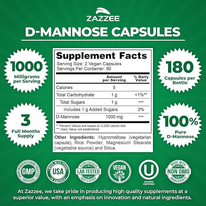 Zazzee D-Mannose, 1000 mg per Serving, 180 Vegan Capsules, 3 Month Supply, Potent & Fast-Acting, Certified Kosher, 100% Pure, All-Natural Urinary Tract Health UTI Support, 100% Vegetarian, Non-GMO