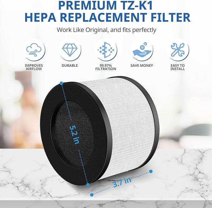 2 Pack TZ-K1 Replacement Filter Compatible with ToLife TZ-K1 Air Puri-fier, MK01 MK06 and FreAire KN6391 Air Purifiers, 3-in-1 HEPA High-Efficiency Activated Carbon Filter, 360° Rotating Filter