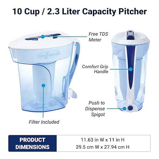 ZeroWater 10-Cup Ready-Pour 5-Stage Water Filter Pitcher 0 TDS for Improved Tap Water Taste - IAPMO Certified to Reduce Lead, Chromium, and PFOA/PFOS