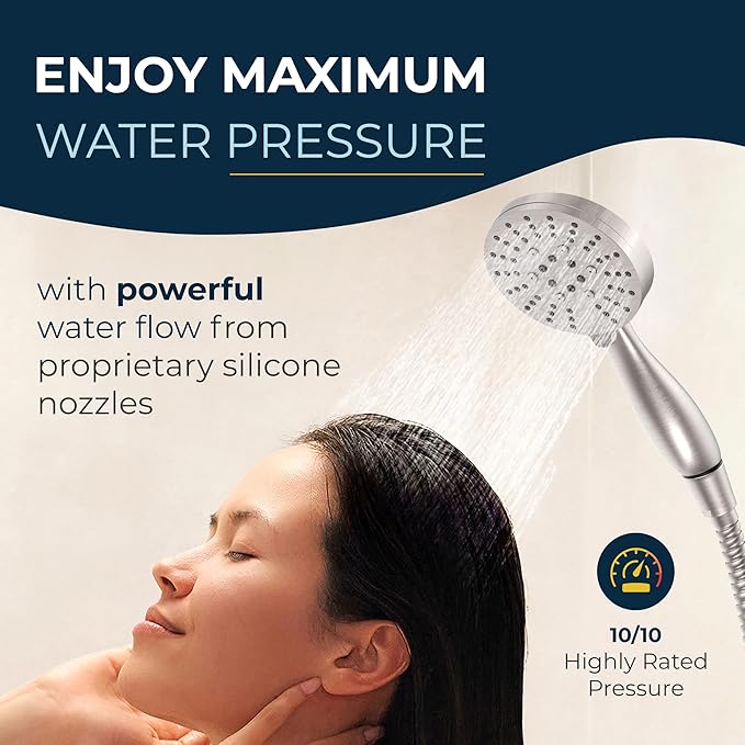HammerHead Showers® Solid Metal 3-Spray Handheld Shower Head with Long Hose and Holder - BRUSHED NICKEL - 2.5 GPM High Pressure Shower Head with Handheld Sprayer - WIDE, MASSAGE, and MIST Sprays