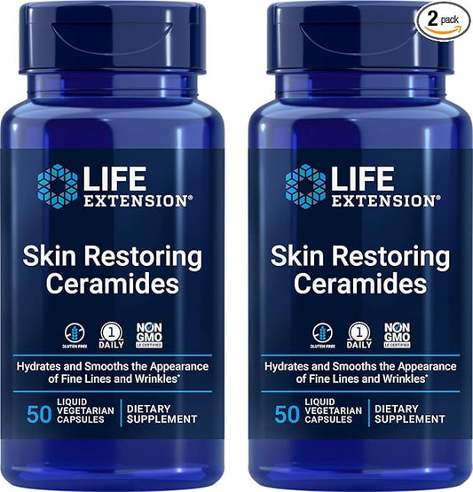 Life Extension Skin Restoring Ceramides, 50 Liquid Veg Caps (Pack of 2) - Non-GMO, Vegetarian Phytoceramide Supplement