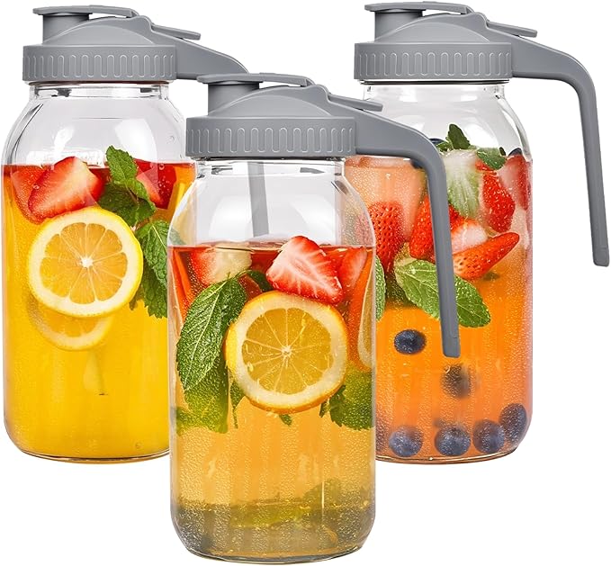 3 Pack 64oz Glass Mason Jar Pitcher with Airtight Lid and Handle – Wide Mouth, Leak-Proof, Ideal for Sun Tea, Cold Brew, Lemonade, Iced Coffee, Milk, and Water (Gray)