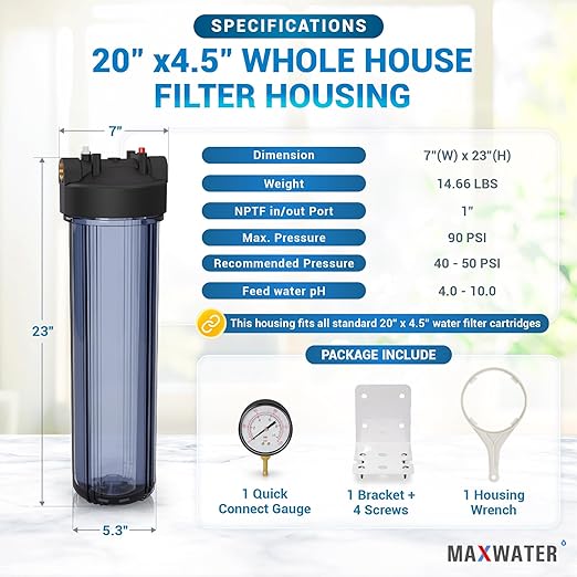 Max Water Whole House 20" x4.5" Purple Clear WH Water Filter Housing 1 inch Inlet/Outlet Ports with Pressure Gauge Wrench and Bracket (1 Housing + 1 Pressure Gauge)