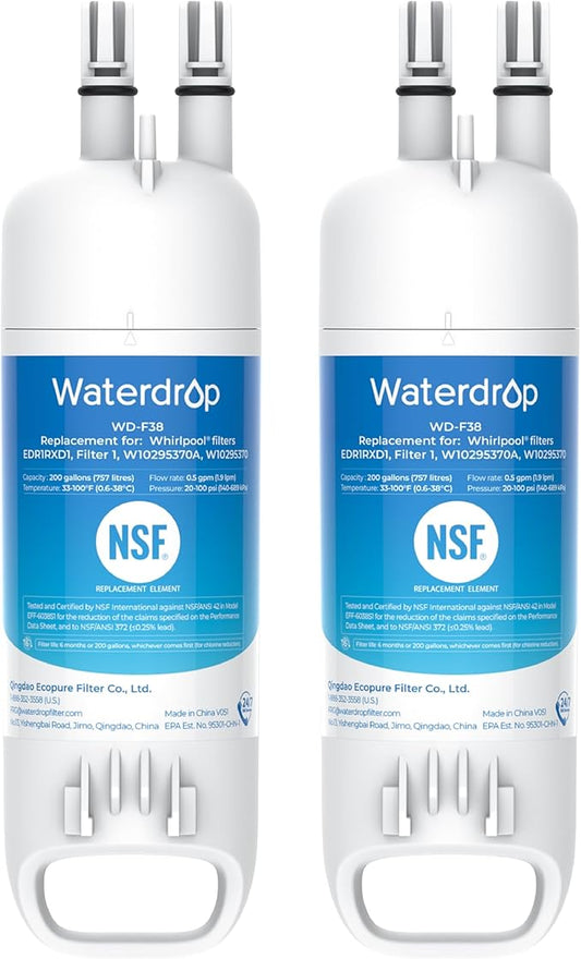 Waterdrop 𝐄𝐃𝐑𝟏𝐑𝐗𝐃𝟏 Replacement for Everydrop® 𝐅𝐢𝐥𝐭𝐞𝐫 𝟏,W10295370A, EDR1RXD1B, P8RFWB2L, P4RFWB, Kenmore® 46-9081, 46-9930, WD-F38 Refrigerator Water Filter, 2 Filters