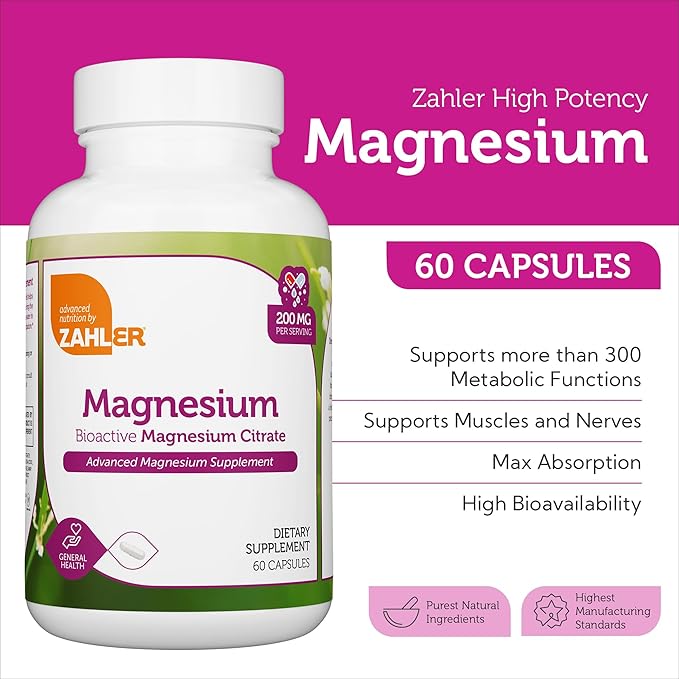 Zahler - Magnesium Supplement Capsules 200 mg (60 Count) Certified Kosher Bioactive Magnesium Citrate for Max Absorption - Natural Magnesium Mineral for Men & Women - Best Magnesium Supplements
