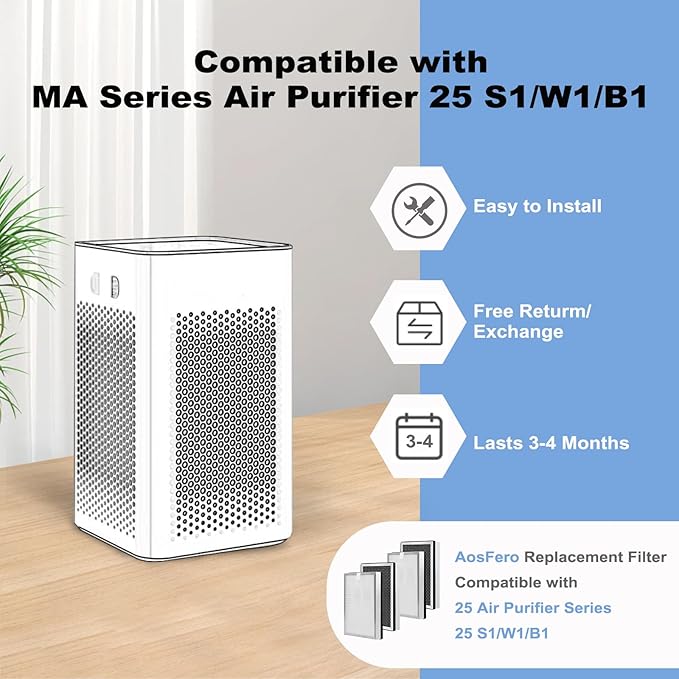 25 Replacement Filter Compatible with MA Series Air Purifier 25 S1/W1/B1,3 in 1 Stage with Pre-filter,High-Efficiency Core Layer,and Activated Carbon,4-Pack