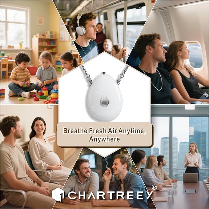 Personal Air Purifier, Chartreey® Wearable Air Purifier Necklace, True 199 million/cm³ Negative Ion, Portable Air Purifier Eliminates Dust, Pollen, Smoke for Outdoor, Travel(White)