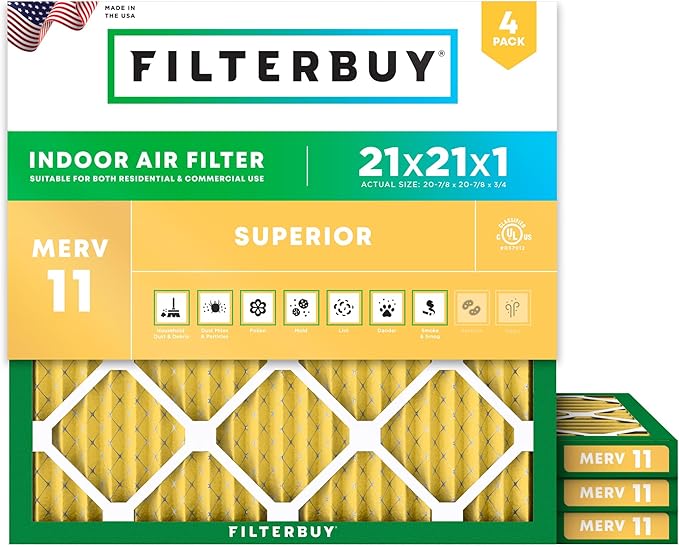 Filterbuy 21x21x1 Air Filter MERV 11 (MPR 1200) Allergen Defense Replacement (4-Pack), Electrostatic Pleated HVAC AC Furnace Filters, Made in USA (Actual Size: 20.88 x 20.88 x 0.75)