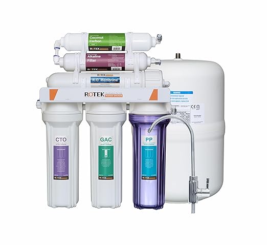 Rotek Water Systems Reverse Osmosis Water Filtration System, Under Sink 6-Stage ALK pH+ Remineralization RO Water Filter System, No Pump, Contains Leak Stop Valve, 100 GPD, Alkaline RO System