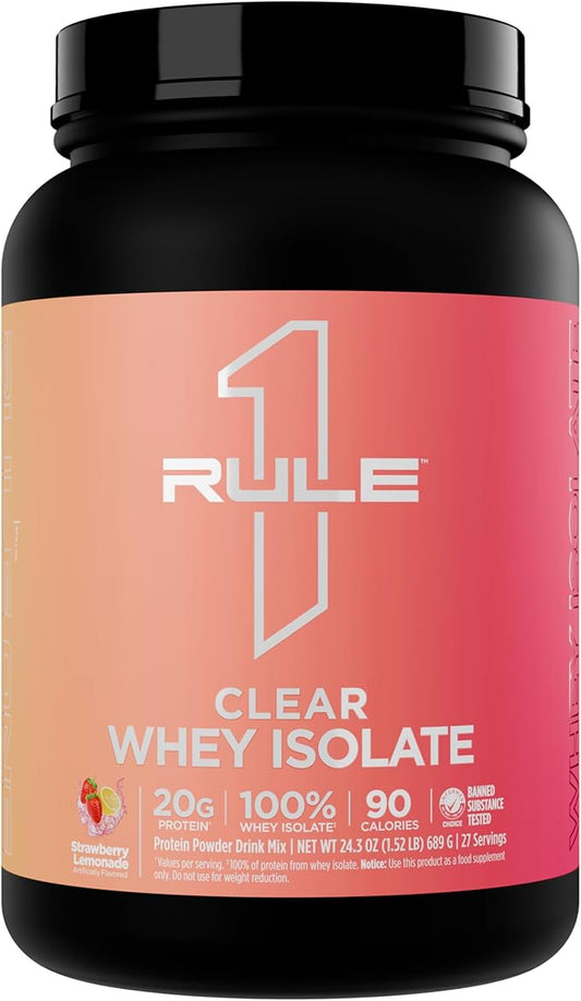Rule 1 Clear Whey Isolate - 20g All-whey Isolate Protein, Over 9g EAAs, 300mg of Electrolyte Minerals, 90 Calories, Light, Crisp, and Refreshing Taste (27 Servings, Strawberry Lemonade)