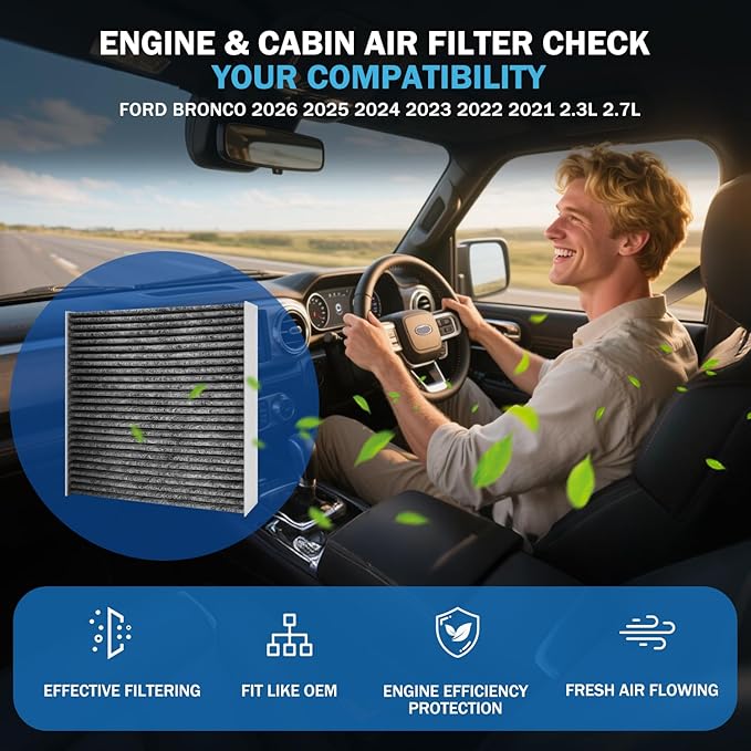 1Pcs Cabin Air Filter & 1Pcs Engine Air Filter Accessories Compatible with Ford Bronco 2026 2025 2024 2023 2022 2021 2.3L 2.7L Engine Cabin Air Filter Automotive Replacement for CF12772&MB3G-9601AA