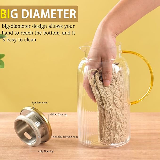 2 PACK Glass Pitcher with Lid and Handle,68 oz/ 2 Liter Vertical Stripes Water Pitcher,Glass Water Carafe for Fridge,Hand Blown Heat Resistant Borosilicate Water Jug for Hot/Cold Drinks,Gifts