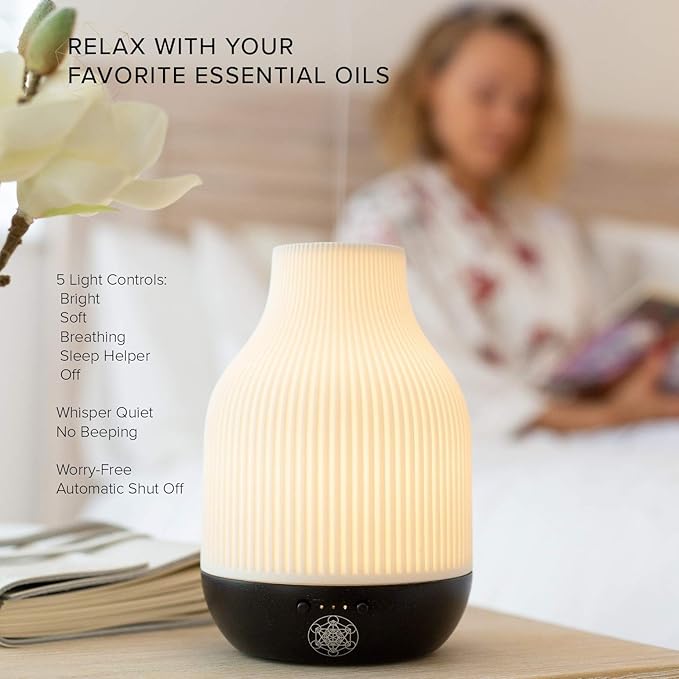Essential Oil Diffuser Lamp, White Ceramic + Black Wood, Ultrasonic 180ml Whispersoft, 4 Timers | 5 Light Settings, Auto Shut Off, Home + Office, Humidifier Air Purifier Aromatherapy