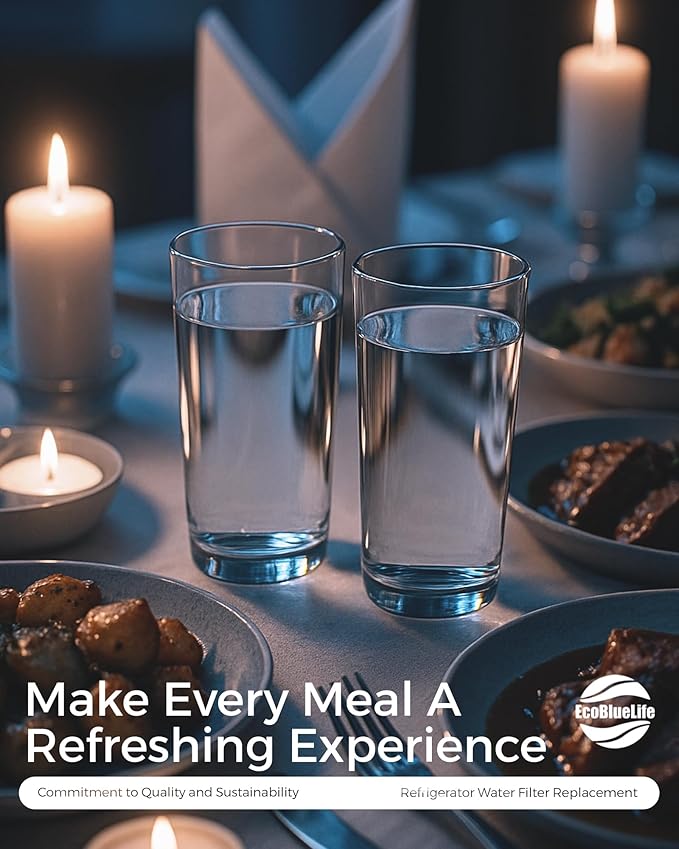 EcoBlueLife Refrigerator Water Filter Replacement using Renewable Activated Carbon. Easy Install Fridge Filter Replacement. Filters up to 300 Gallons of water, 6 Months of Purified Water