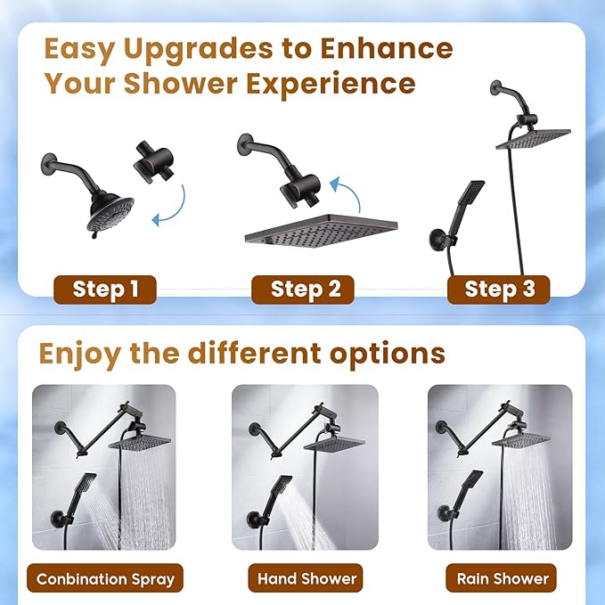 BRIGHT SHOWERS Rain Shower Head with Handheld Spray, 8 Inch Rainfall Shower Head Combo with 60" Hose, Adjustable Dual Square Showerhead Set with 3-Way Diverter, Wall Bracket, Oil-Rubbed Bronze